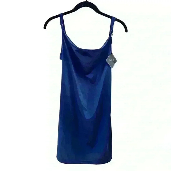 Dresses & Skirts - Zaful Dark Blue Satin feel Cowl Neck Dress with Tie Back – Size M, New with Tags